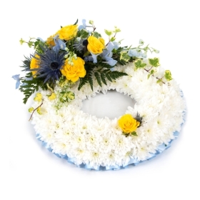 White Blocked Wreath Yellow & Blue Spray